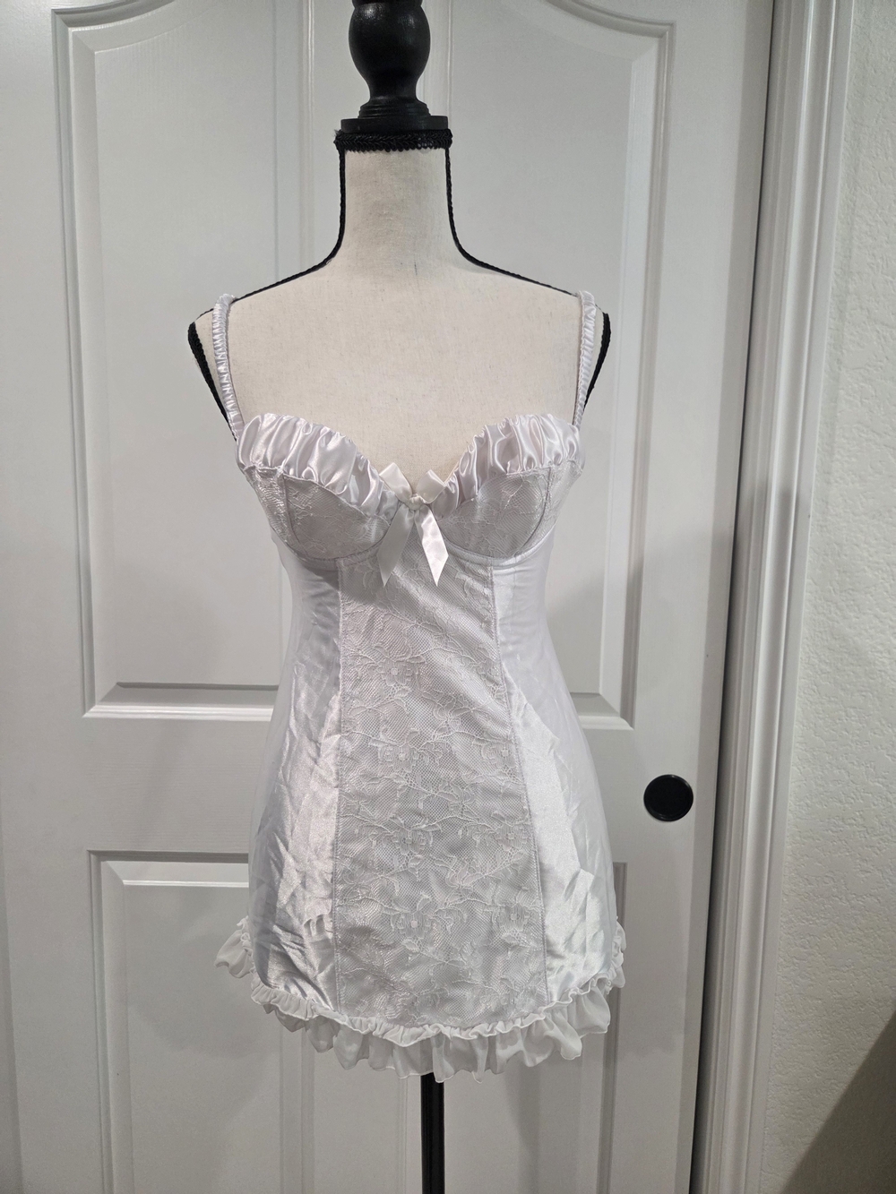 Frederick's of Hollywood White Satin & Lace Ruffled Chemise